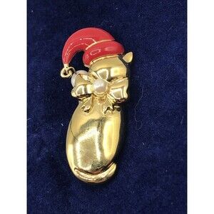 Marvella Gold Tone Cat with red Hat/ Faux Pearl Brooch Lapel Pin‎